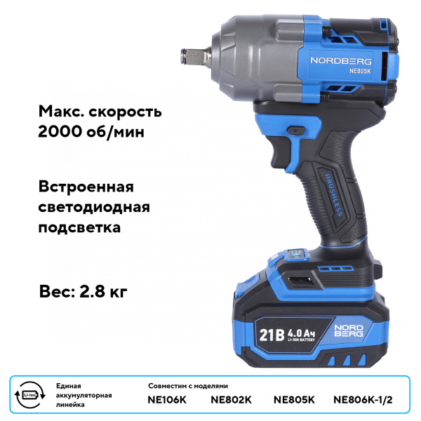 Гайковерт аккумуляторный, 1/2", 21 В, 500 Нм, 2 аккумулятора 4 A и зарядное устройство, в кейсе NE802K