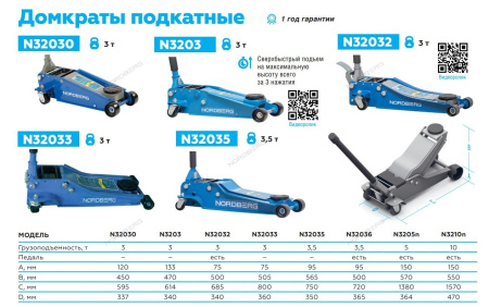 Домкрат низкопрофильный подкатной г/п 3 тонны NORDBERG N32032 (синий/серый)